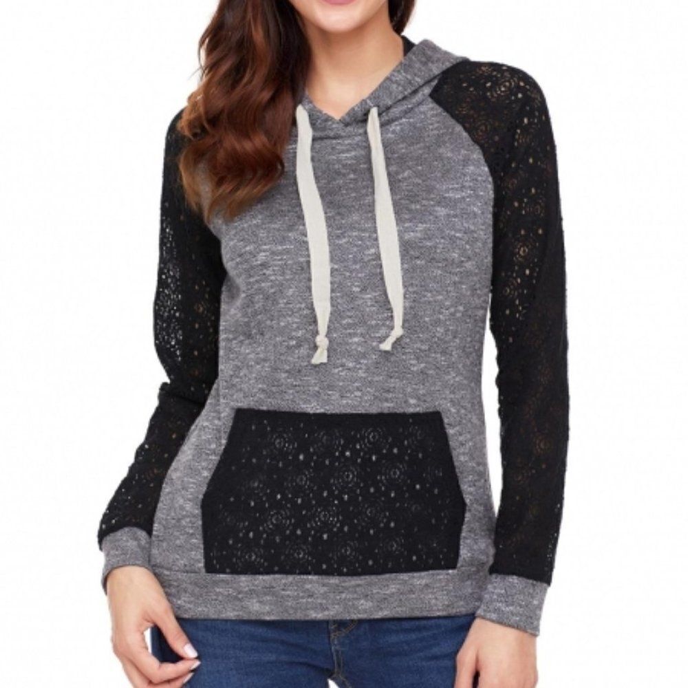 💸3/12$-Black Lace Accent Kangaroo Pocket Hoodie